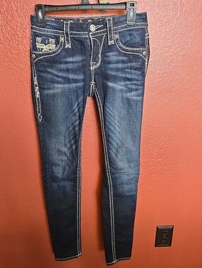 Rock Revival Dark Blue Skinny Jeans with White Contrast Stitching